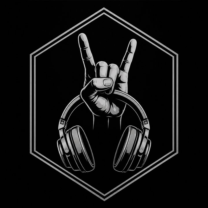 Emblema de La Unión Records: mano rockera con audífonos dentro de un hexágono